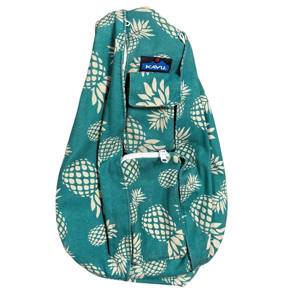 Kavu Rope Sling Bag Teal Pineapple Print Multiple Zipper Pockets Boho Hippie